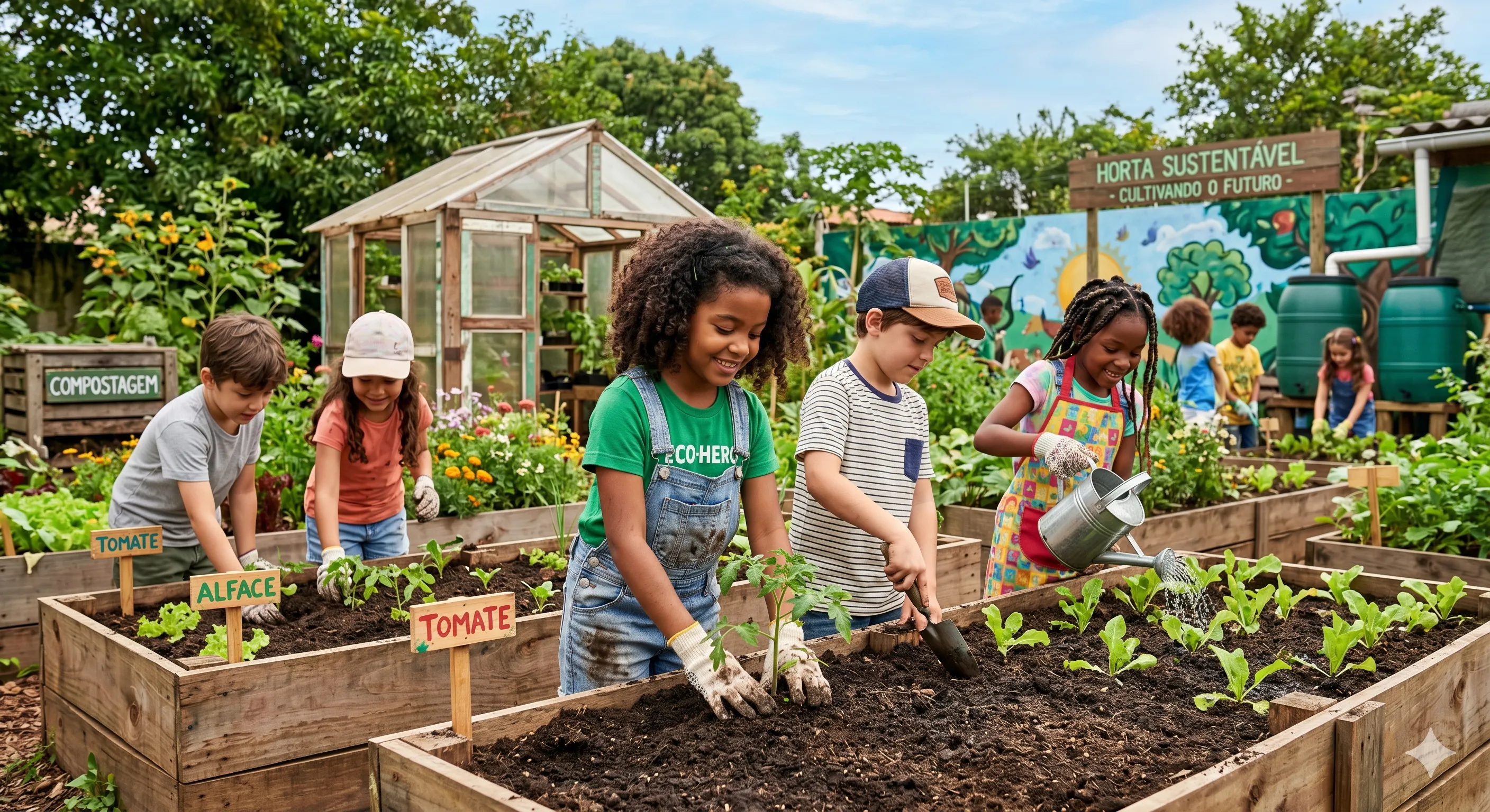 Alunos participam de projetos sustentáveis que incentivam a preservação do meio ambiente no ambiente escolar.
